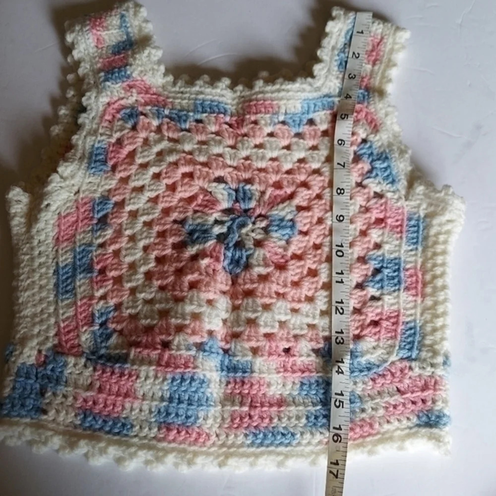 Vintage Y2K Blue Pink White Grannycore Granny Square Crocheted Crop Sweater … - Picture 10 of 12
